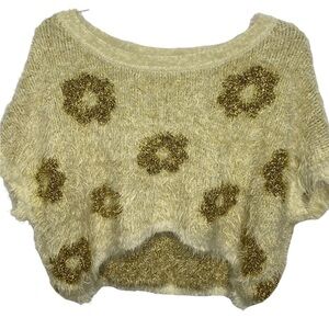 36 Point 5 Women’s Cropped Sweater S Cream Gold Fuzzy Glittery Dolman Sleeves.